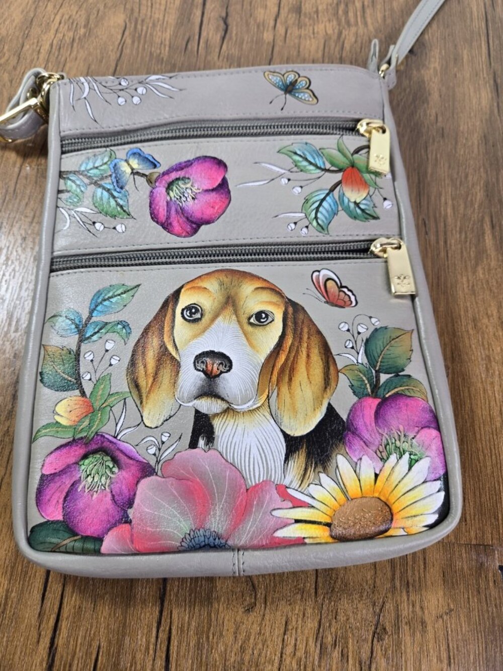 Anna by Anuschka Puppy Love Beagle Dog Hand Painted Leather Shoulder Bag NEW